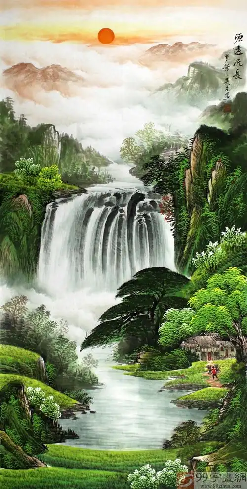 设色典雅,青翠茂密,红日高照寓意有好兆头;烟云弥漫,滚滚而来,有聚财