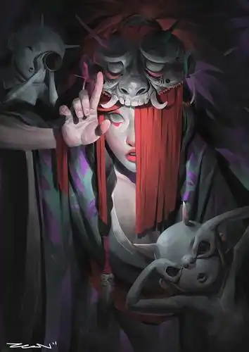 神秘东方志怪插画,画风古怪诡异,怪诞中蔓延着一股调皮的氛围