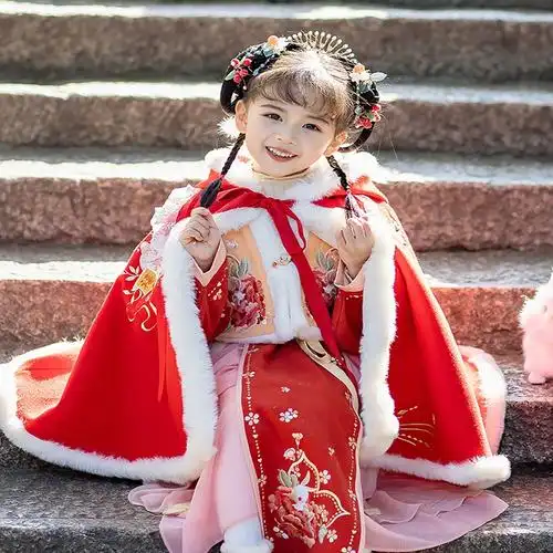 智扣年货汉服女童冬装小女孩中国风儿童唐装古风过年装拜年服古装