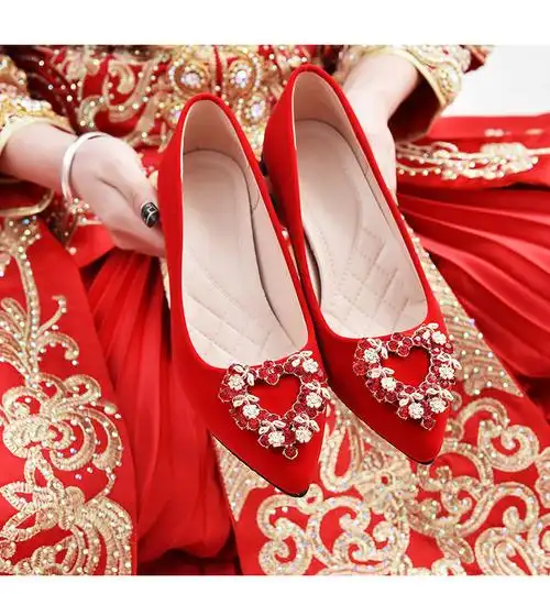 秀禾服婚纱鞋两穿红色高跟鞋婚鞋女新娘鞋红色高跟尖头红秀禾婚纱两穿