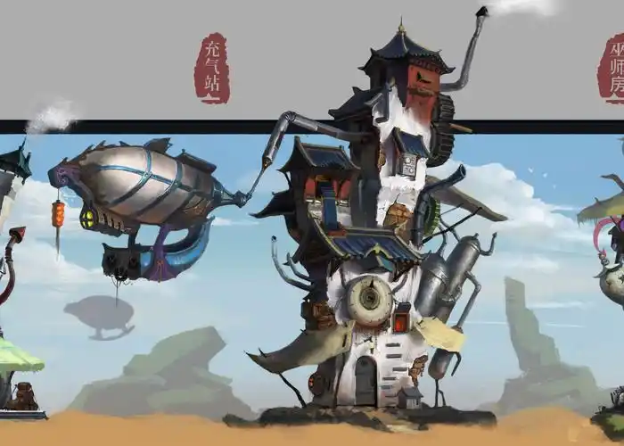 游戏原画蒸汽朋克中国风建筑设计(q版)_冬瓜条儿-站酷zcool
