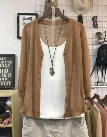 闺蜜夏季宽松文艺亚麻七分袖针织开衫薄款外套空调衫防晒衫女 浅棕色