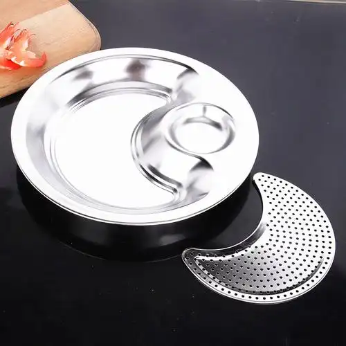 明暖不锈钢饺子盘沥水沥油双层盘家用带醋碟圆形盘礼品26cm沥水饺子盘