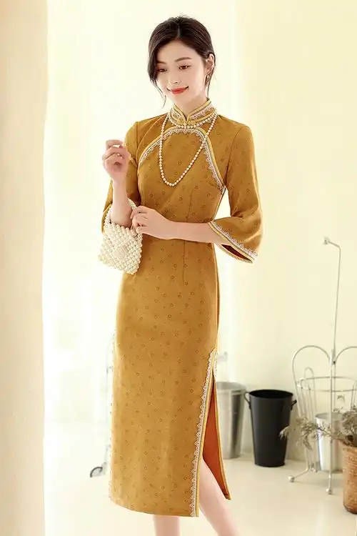 鸿韵梦新款麂皮绒可配披肩花边女旗袍 改良现代冬季长款宴会旗袍