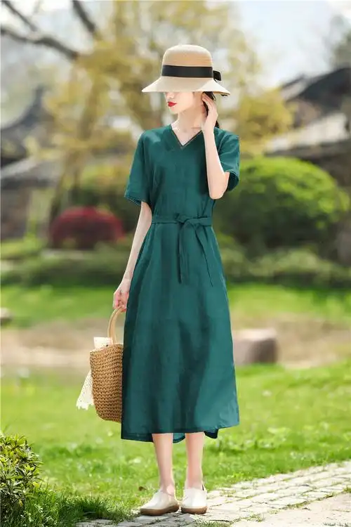 素订棉麻女装官方素素杭州中长款刺绣收腰显瘦v领亚麻连衣裙夏天薄款