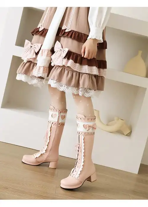 2021洛丽塔公主甜美女靴蝴蝶结水台粗跟中跟高筒靴大小码新款靴子