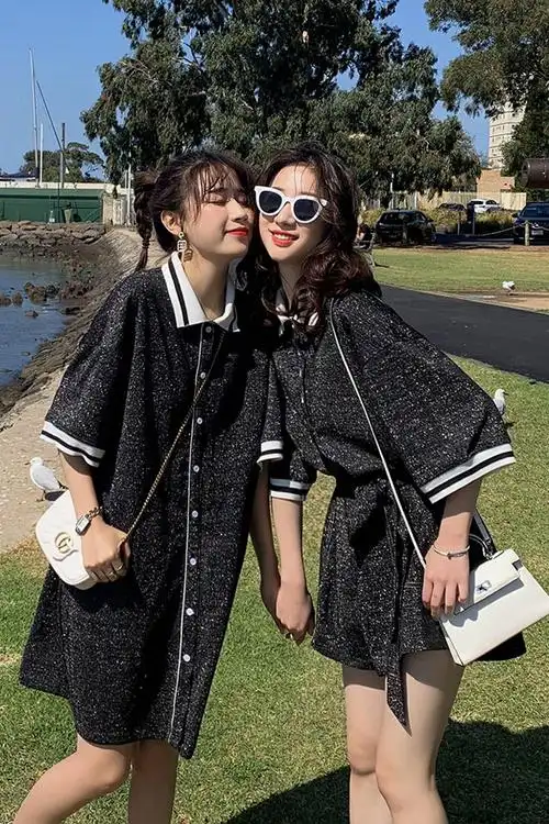 宽松短袖单排扣裙子亮闪闪的黑色连体短裤连衣裙闺蜜装
