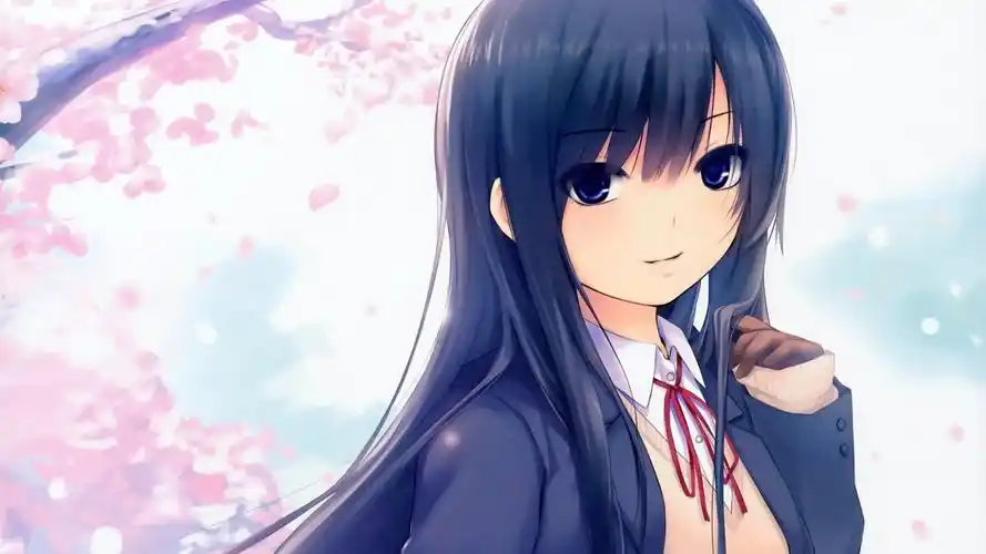 长发动漫女孩,樱花,花瓣 iphone 壁纸