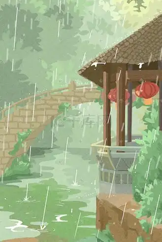 亭台灯笼院子小桥雨中景插画