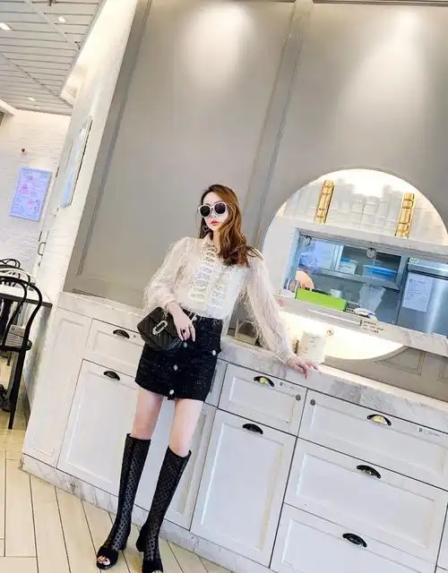 夏天镂空长靴子女粗跟高筒凉靴春网纱鱼嘴凉鞋长筒中跟鞋夏季网靴