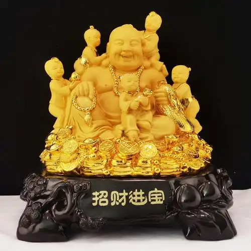 弥勒佛招财摆件家用供奉五子佛像大肚笑佛公司开业礼品沙金工艺品