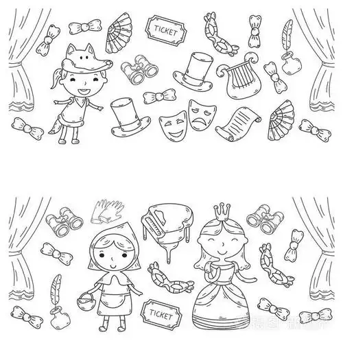 插画 儿童剧场演出.幼稚园音乐剧.学校的孩子们玩.