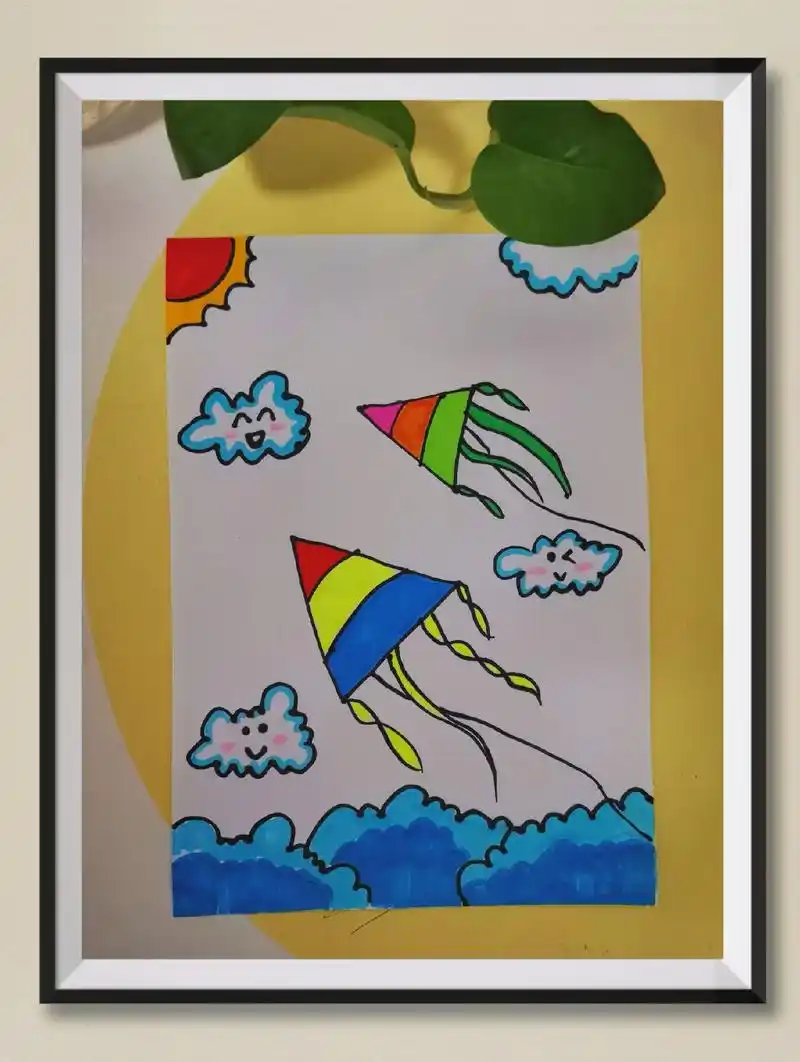 创意美术—风筝,教你用三角形和随意曲线画春天,幼儿园小朋友也 - 抖