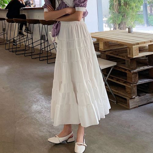 白色裙子半身裙女中长款复古宽松蛋糕裙夏新款褶皱高腰大摆a字裙