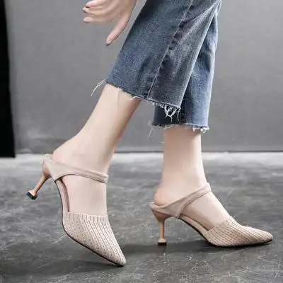女鞋大码41一43胖脚宽肥包头半托凉鞋春夏脚背高尖头胖妹妹高跟鞋