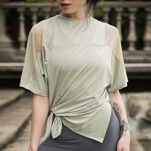 上衣瑜伽宽松健身短袖速干白色恤大码打结运动运动t恤