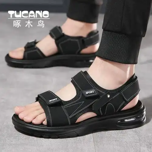 沙滩鞋男2024夏季百搭凉拖鞋新款啄木鸟凉鞋真皮气垫软底凉鞋男士