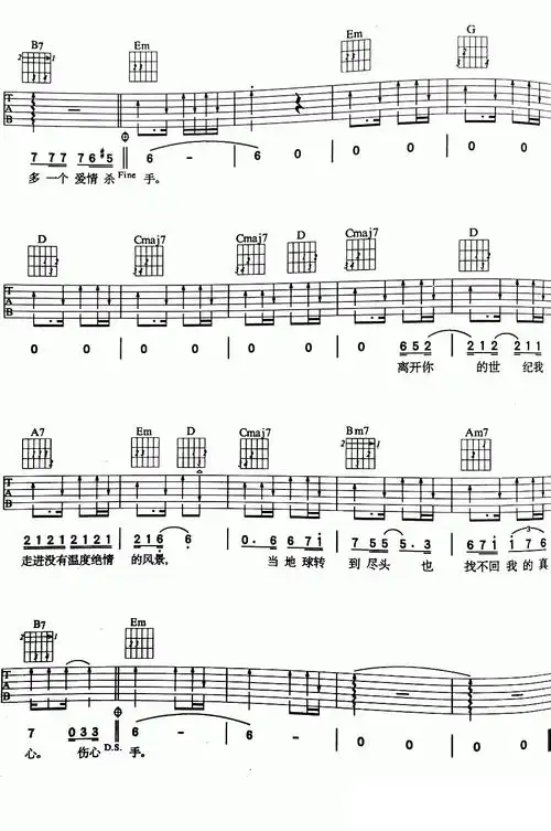 伤心1999吉他谱王杰演唱g调和弦编配