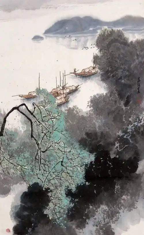 他笔下的江南水乡风情意境超美!欣赏国画山水中春意朦胧的乡村风景!