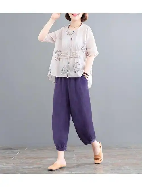 棉麻套装女夏季棉麻套装女夏季大码文艺复古女装中老年褶皱印花妈妈两