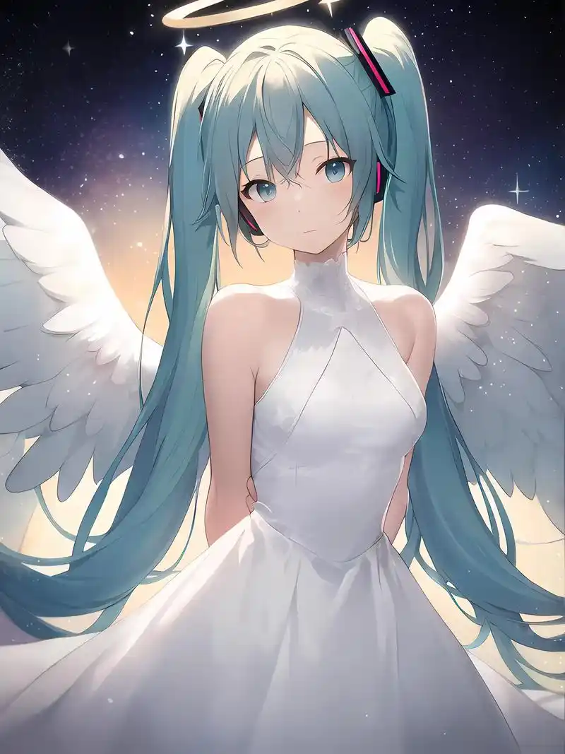 夜空下的天使:初音未来(插画)#stablediffusio - 抖音