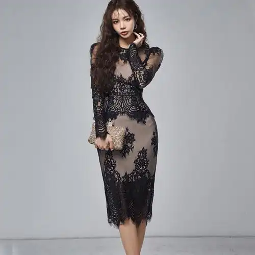 现货蕾丝透视镂空连衣裙两件套女2020春装纱网上衣修身包臀裙礼服