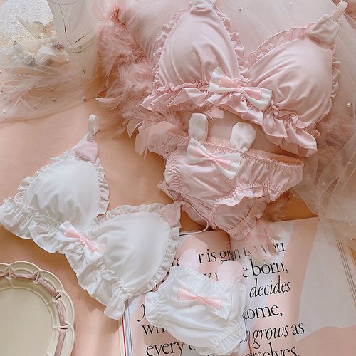 日系文胸套装可爱性感兔子内衣蝴蝶结甜美情趣牛奶丝内衣上托小胸