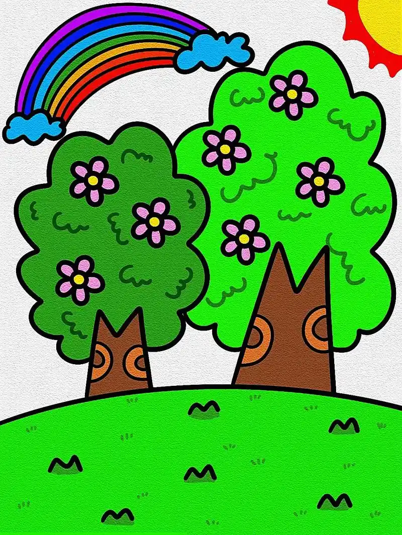 春天风景简笔画桃花朵朵开