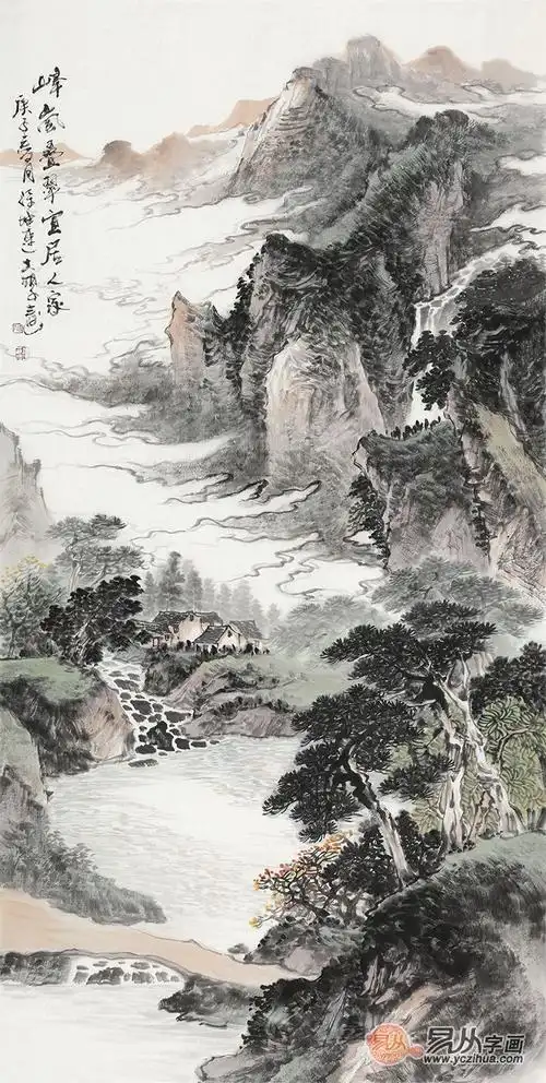 大胡子画家徐坤连竖幅山水画《峰岚叠翠宜居人家》