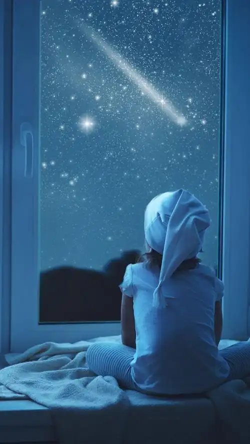 女孩和泰迪熊看窗外,夜晚,星星,月亮 5k