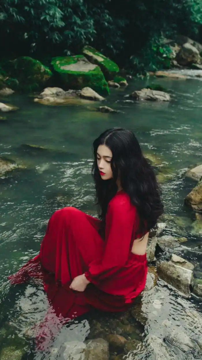 红衣女子,黑发,长发,河边,孤独,悲伤,手机壁纸,凄凉,对比