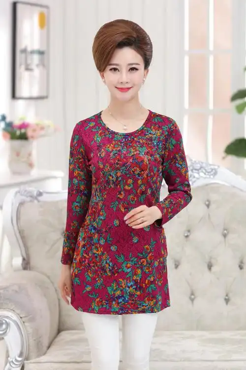 中老年女装t恤50-60岁妈妈装t恤2018春秋装新款上衣圆领长袖t恤女