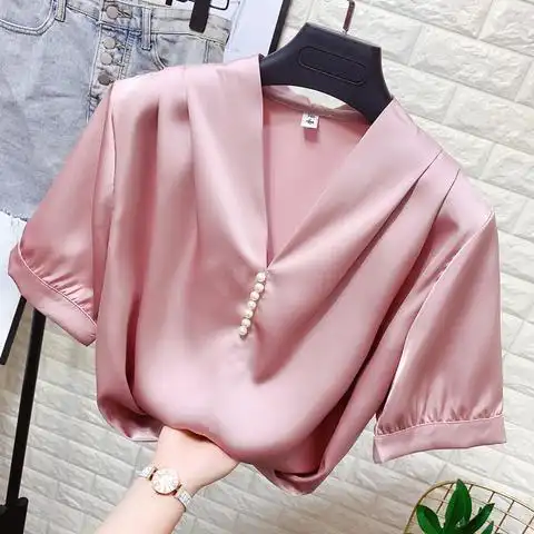 安徽 合肥钉珠v领丝绸缎面衬衫女夏ol气质职业套头