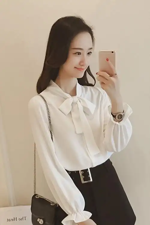 新款蝴蝶结系带白色长袖衬衫女韩版雪纺衬衣女百搭宽松上衣