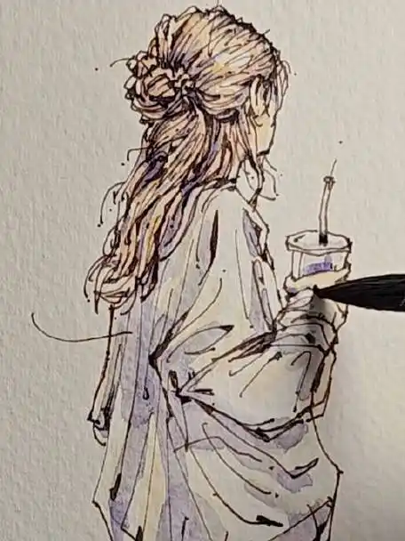 钢笔线条与水彩,画女生侧身.