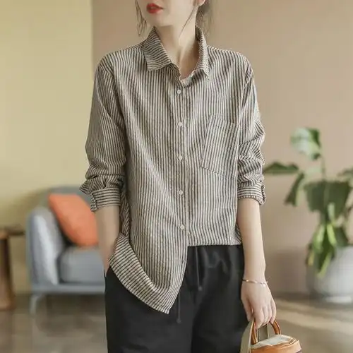 2022春季新款复古棉麻竖条纹衬衫女士时尚宽松显瘦减龄衬衣22003