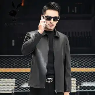 皮衣男士头层绵羊皮衣短款纯皮夹克翻领高档爸爸外套黑色195185200斤