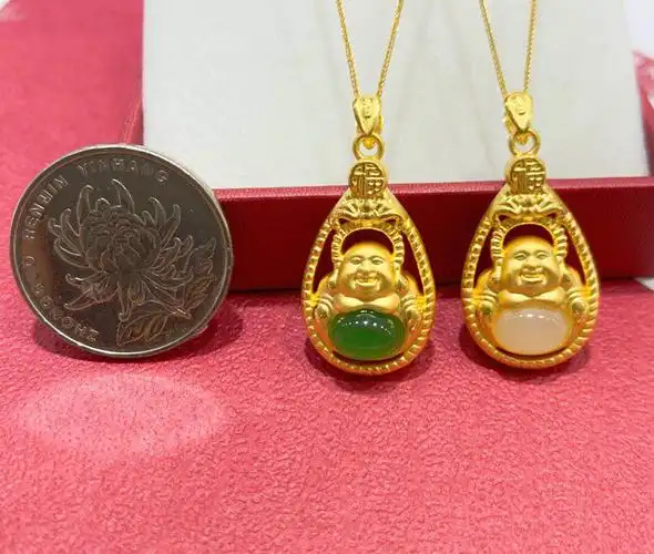 999足金镶和田玉吊坠玉佛黄金弥勒佛大肚佛吊坠黄金项链真金批发
