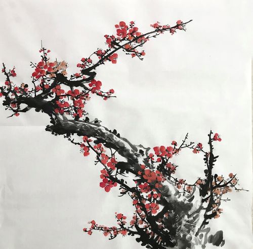 梅花红梅图报春3117四尺斗方中式玄关墙画水墨画宣纸画芯无款手绘