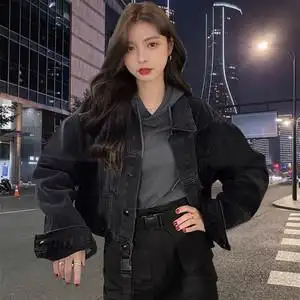 黑色牛仔夹克短外套女长袖图片