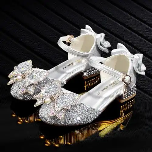 女童银色新款皮鞋4到12岁礼服公主演出水晶鞋女童软底表演高跟鞋
