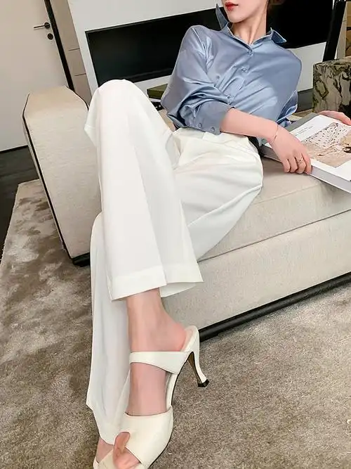 烈儿直播间叶迪奥白色阔腿裤女高腰垂感拖地裤宽松直筒显瘦西装裤