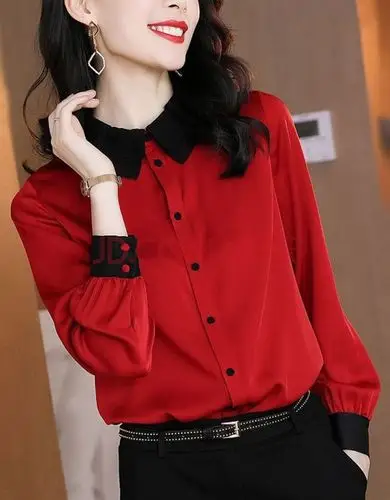女士洋气衬衫春款衬衫女春装新款重磅红色仿衬衫女秋新气质缎面仿桑