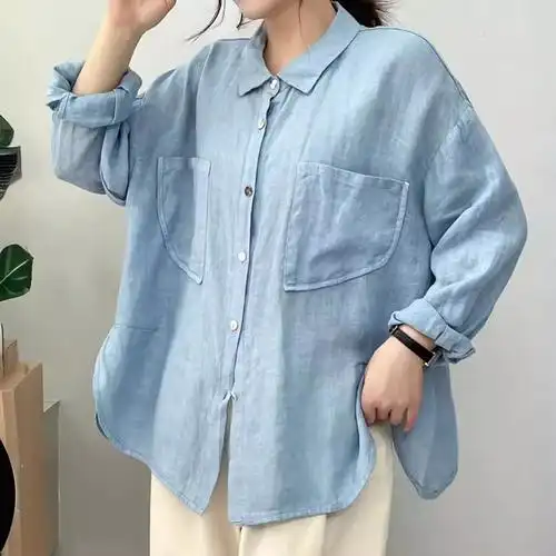 宽松亚麻衬衫女文艺气质双口袋纯色翻领长袖开衫衬衣春季棉麻上衣