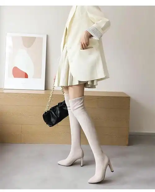 长筒过膝超长大腿靴女王尖头细跟性感高跟弹力秋冬靴大码长靴 米白色
