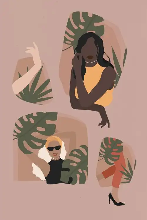 集插图图片,龟背竹,女孩插画,高跟鞋,贴纸,时装,女孩权力,插图人物