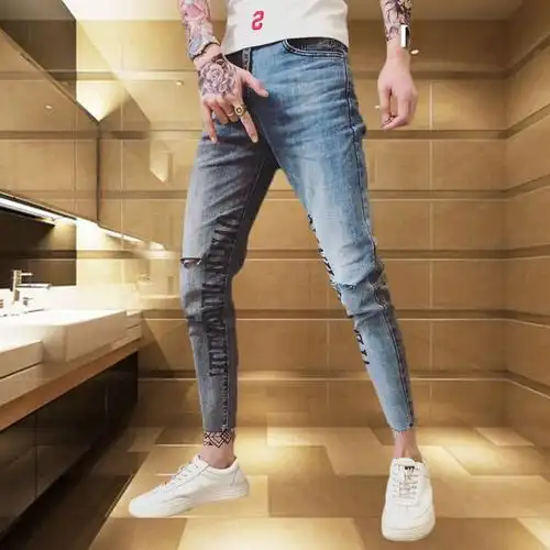 社会精神小伙破洞牛仔裤男修身小脚裤快手红人紧身裤网红同款裤子
