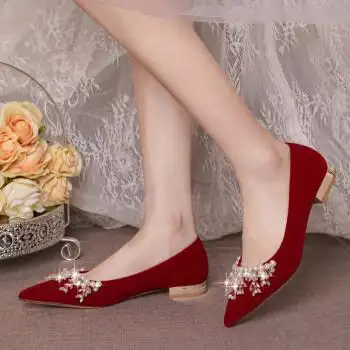 婚鞋女秀禾主婚纱两穿低跟平底婚纱新娘鞋不累脚孕妇大码41-43 白头
