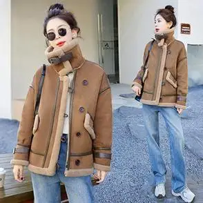 复古学院小香风皮毛一体羊羔毛外套女秋冬新款高级感夹克上衣美式