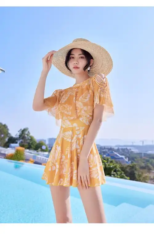 南极人游泳衣女新款泡温泉时尚连体is风学生显瘦遮肚保守女士装夏黄色